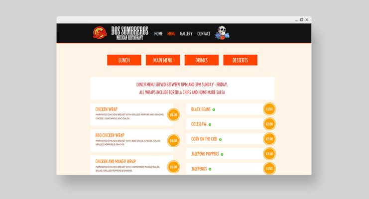 Mockup of a fun restaurant menu web page design by Square One Digital